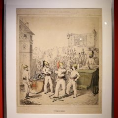 Die Lithographie, entstanden um 1850, portraitiert die Feuerwehrleute der ersten Generation. Mit rotem Helmbausch: Kommandant Julius Haller. Bild: Stadtmuseum Tübingen