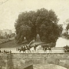 Platanenallee mit alter Neckarbrücke im Vordergrund, darauf Reiter der Verbindung Roigel um 1888. Bild: Paul Sinner, Stadtarchiv Tübingen.