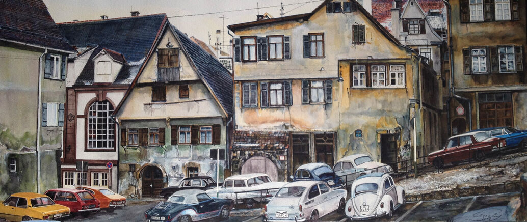 Gemälde von Wilhelm Gugel, das einen Teil des Tübinger Marktplatzes in früheren Zeiten zeigt