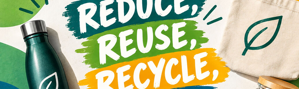 Schriftzug recycle, reuse, reduce, eine Trinkflasche, Glas mit Körnern