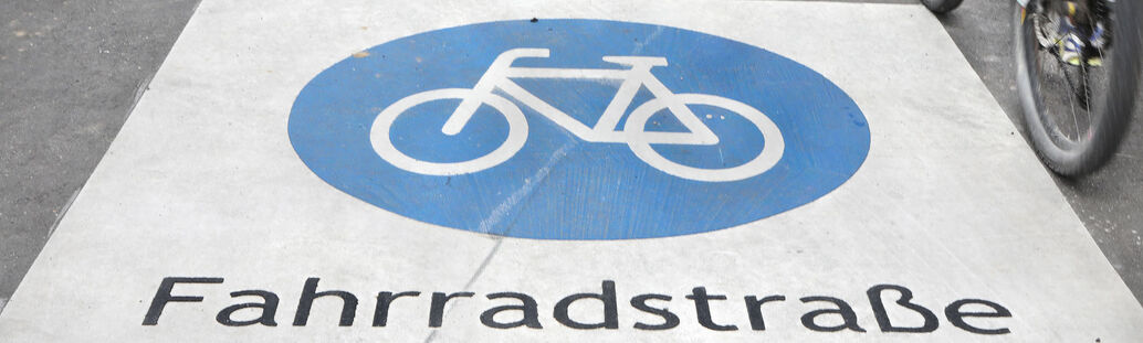 Schriftzug Fahrradstraße mit Fahrrad-Piktogramm