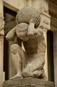 Skulptur Atlas (Mann aus Sandstein, der am Boden kniet)