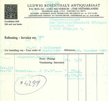 weißes Papier mit schwarzer Schrift (Rechnung Antiquariat Rosenthal)