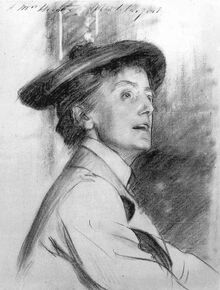 Das Bild zeigt eine Kreidezeichnung der Komponistin Ethel Smyth von John Singer Sargent 
