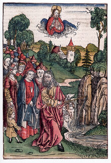 Wohlgemut-Werkstatt (süddeutsch), „Moses schlägt Wasser aus dem Felsen“, um 1480