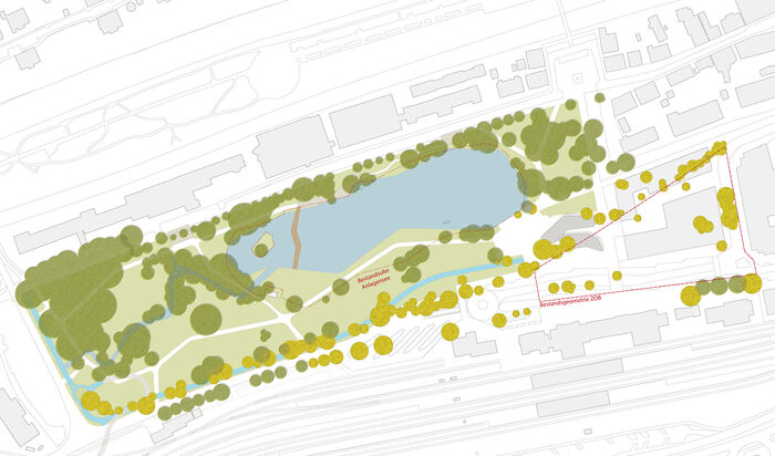 Die Grafik zeigt, in welchem Bereich des Anlagenparks Bäume gerodet werden sollen.