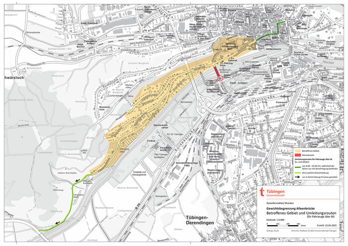 Stadtplan mit betroffenem Gebiet Alleenbrücke und Umleitungsrouten