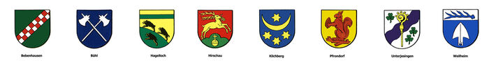Die Wappen der neun Ortsteile Tübingens