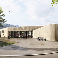 Visualisierung der EInfahrt zum neuen Feuerwehrhaus Lustnau, Holzbau, großer Hof, Bäume, Parkplätze